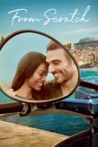 A movie poster showing a side mirror with a reflection of a couple